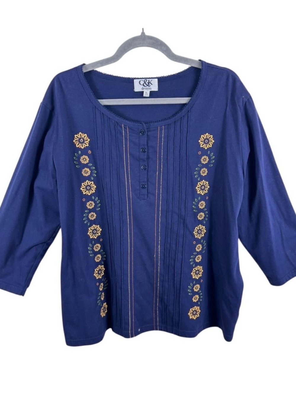 C&K Designs Vintage Womens Blue Floral Embroidered 3/4 Sleeve Button Neck Top XL